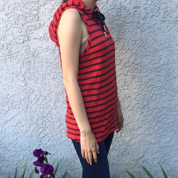 Tommy Hilfiger Sport Red Navy Blue Striped Pullover Sleeveless Hoodie Chic Euro - Picture 3 of 6
